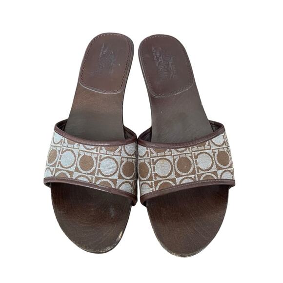 Salvatore Ferragamo Wood Slide Sandals Brown Light Blue Logo size 8 - Picture 2 of 11